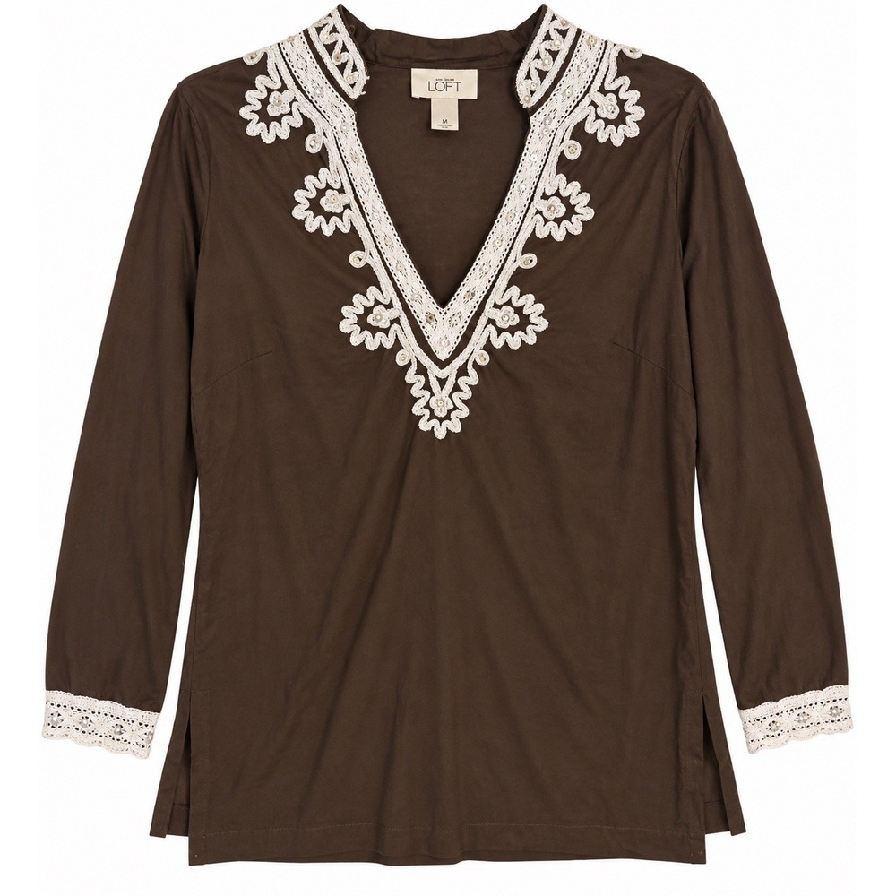 LOFT Brown Embroidered Tunic Top Medium Boho Beaded Lace Long Sleeve Blouse